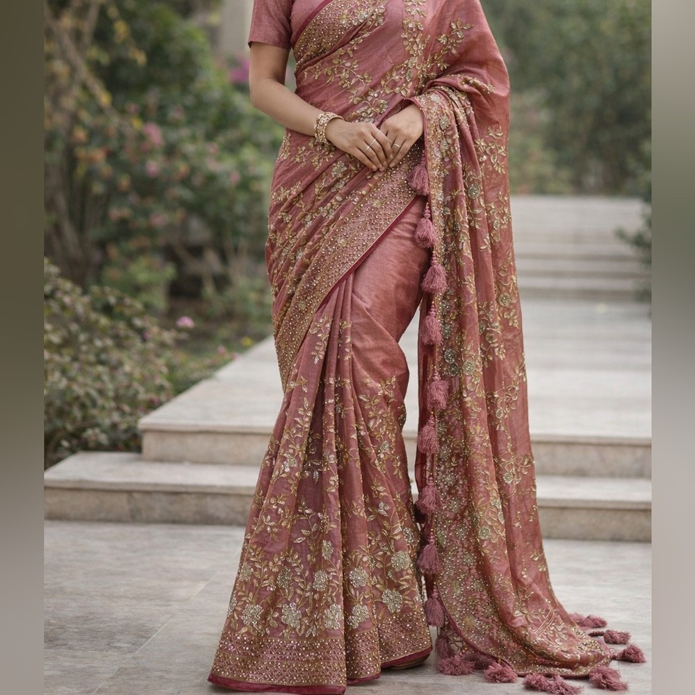 Indian bridal saree-Embroidered Pink body and zircon stone and Gold Fabric